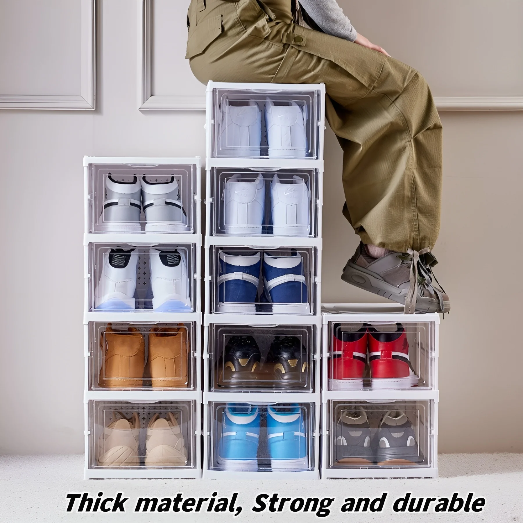 Sneaker Care Shoe Box - 6 ชั้นกล่องรองเท้าพับได้โปร่งใสรองเท้าผ้าใบจัดเก็บรองเท้ากล่อง STACKABLE ป้องกันฝุ่น High-Top ตู้ชั้นวางรองเท้าชั้นวาง